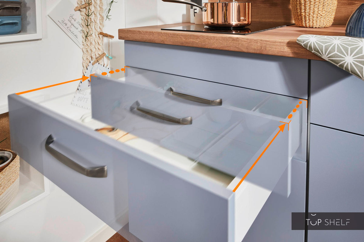 Pino Küche Pastellblau &amp; Honig Eiche 180cm Detailansichten Schubkasten-