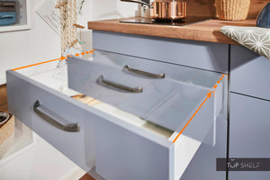 Pino Küche Pastellblau & Honig Eiche 180cm Detailansichten Schubkasten-