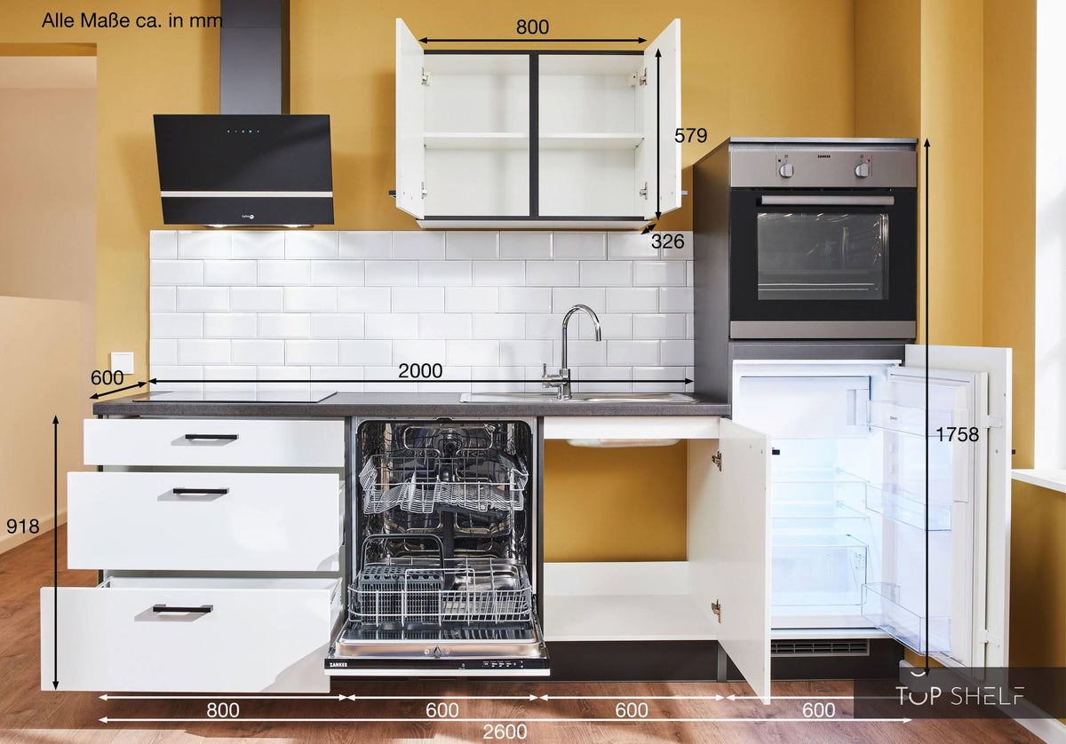 Pino Küche Steingrau Hochglanz 260 cm Maßangaben top-shelf.de-