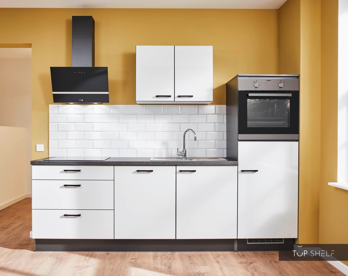 Pino Küche Steingrau Hochglanz 260 cm mit Nischenverkleidun top-shelf.de-