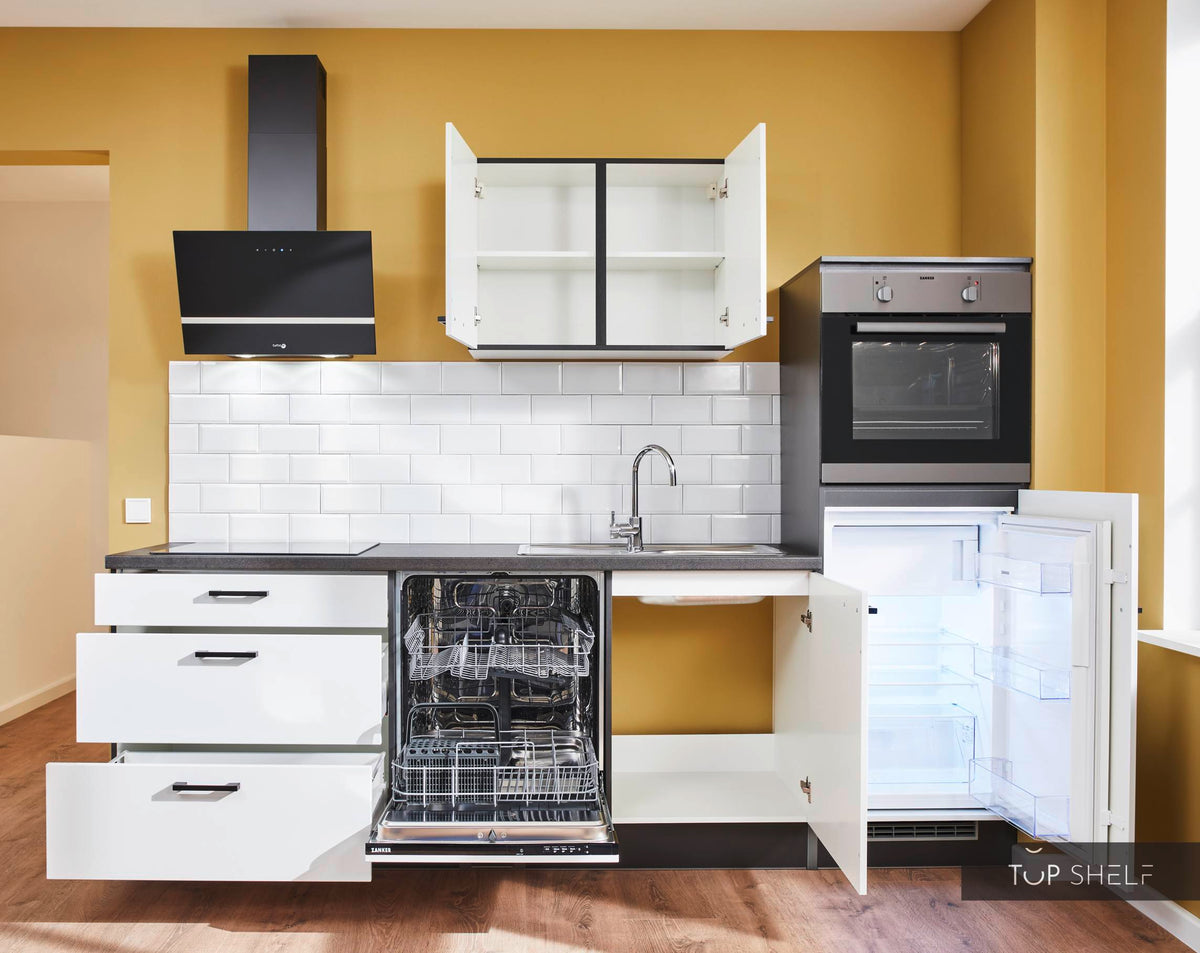 Pino Küche Steingrau Hochglanz 260 cm offene Schränke top-shelf.de-