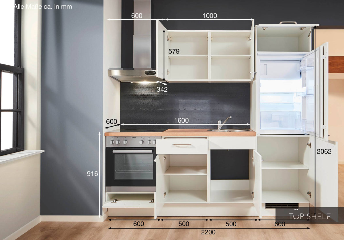 Pino Küche Weiß 220cm konfigurierbar offene Schränke Maßangaben top-shelf.de-