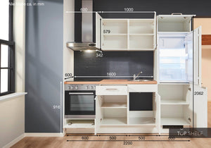 Pino Küche Weiß 220cm konfigurierbar offene Schränke Maßangaben top-shelf.de-