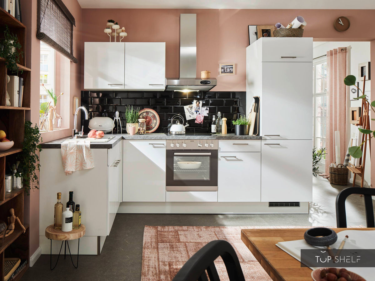 Pino Küche Weiß Hochglanz 285 x 165 cm konfigurierbar E-Geräte top-shelf.de-