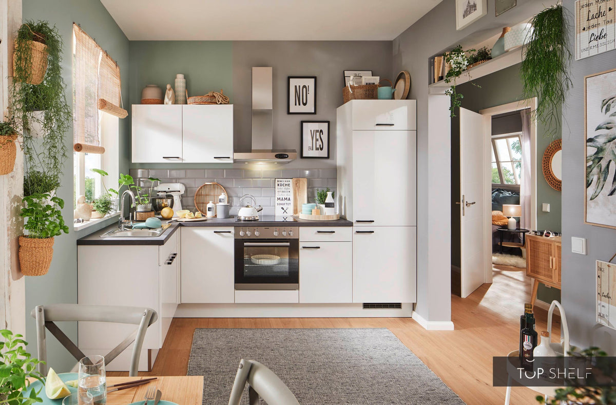 Pino Küche Weiß Hochglanz 285 x 165 cm konfigurierbar E-Geräte top-shelf.de-