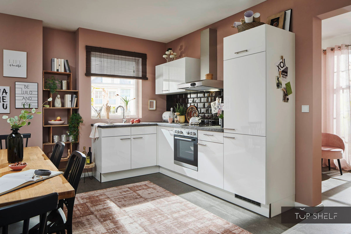 Pino Küche Weiß Hochglanz 285 x 165 cm konfigurierbar E-Geräten top-shelf.de-