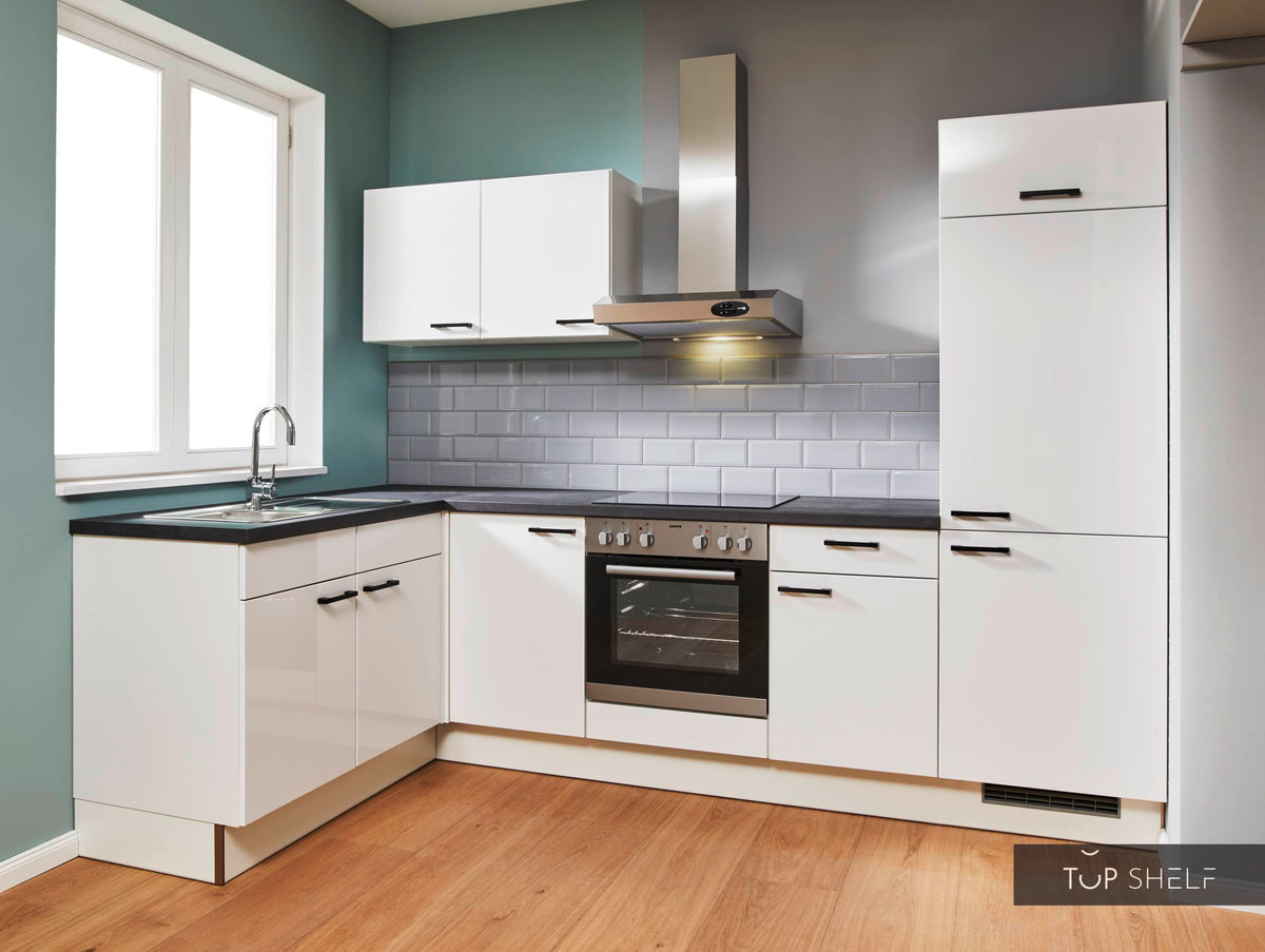 Pino Küche Weiß Hochglanz 285 x 165 cm konfigurierbar E-Geräten top-shelf.de-