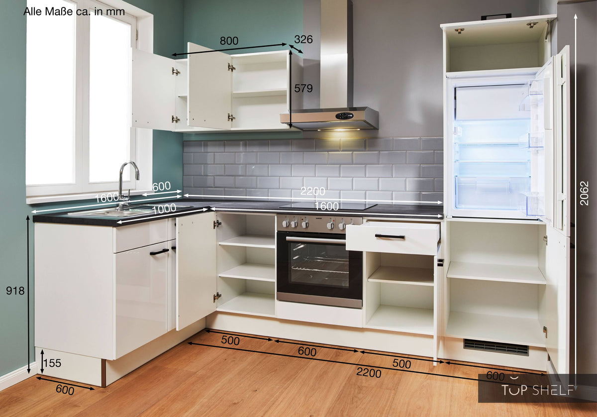 Pino Küche Weiß Hochglanz 285 x 165 cm konfigurierbar Maßangaben top-shelf.de-