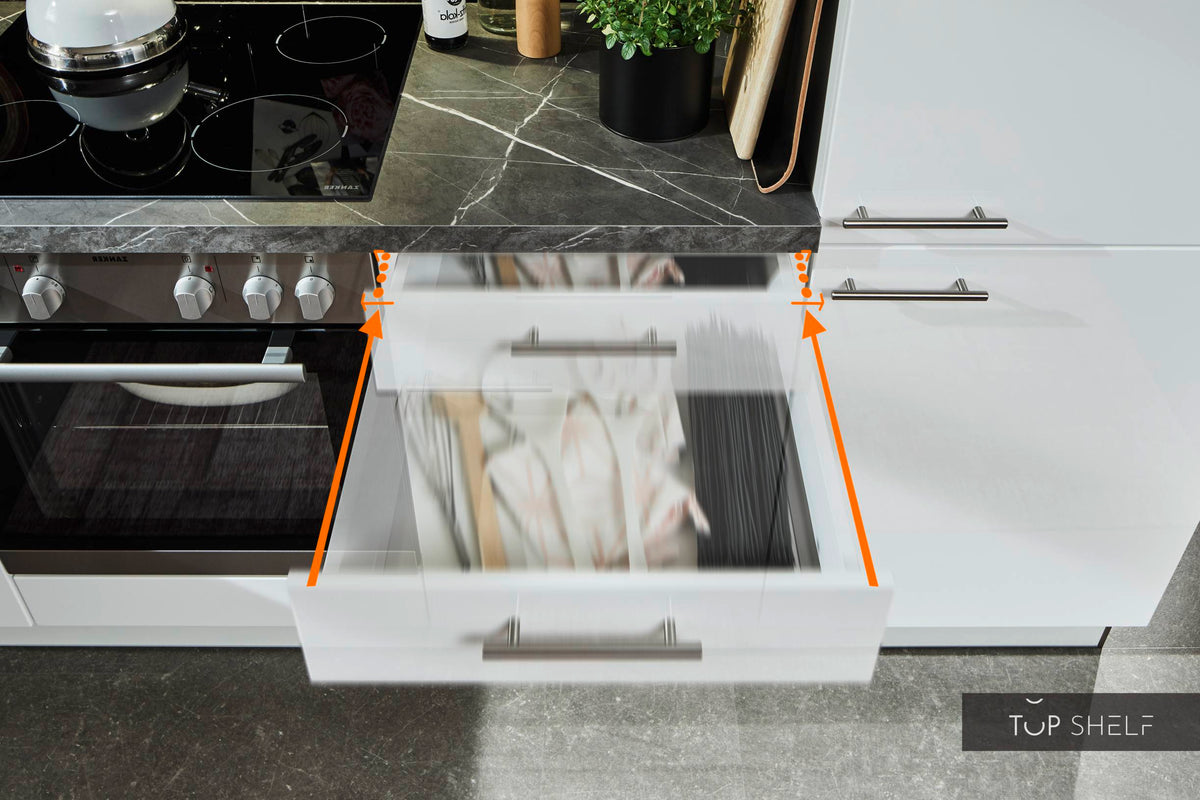 Pino Küche Weiß Hochglanz 285 x 165 cm konfigurierbar Schubkasten top-shelf.de-