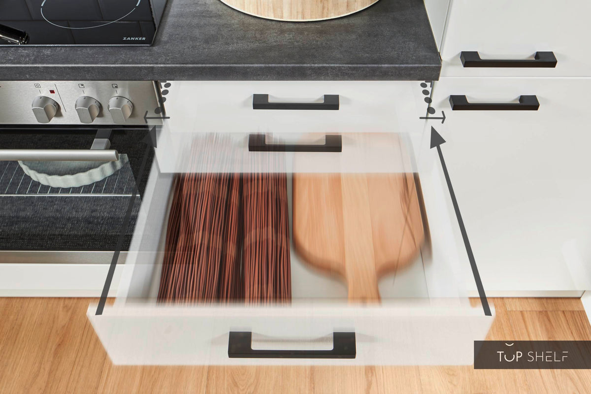 Pino Küche Weiß Hochglanz 285 x 165 cm konfigurierbar Schubkasten top-shelf.de-