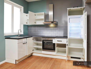 Pino Küche Weiß Hochglanz 285 x 165 cm konfigurierbar Stauraum offen top-shelf.de-