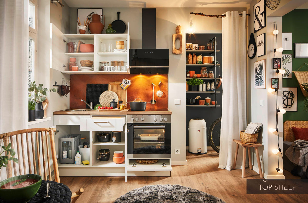 Pino Küche Weiß in Rahmenoptik 160 cm konfigurierbar Stauraum top-shelf.de-