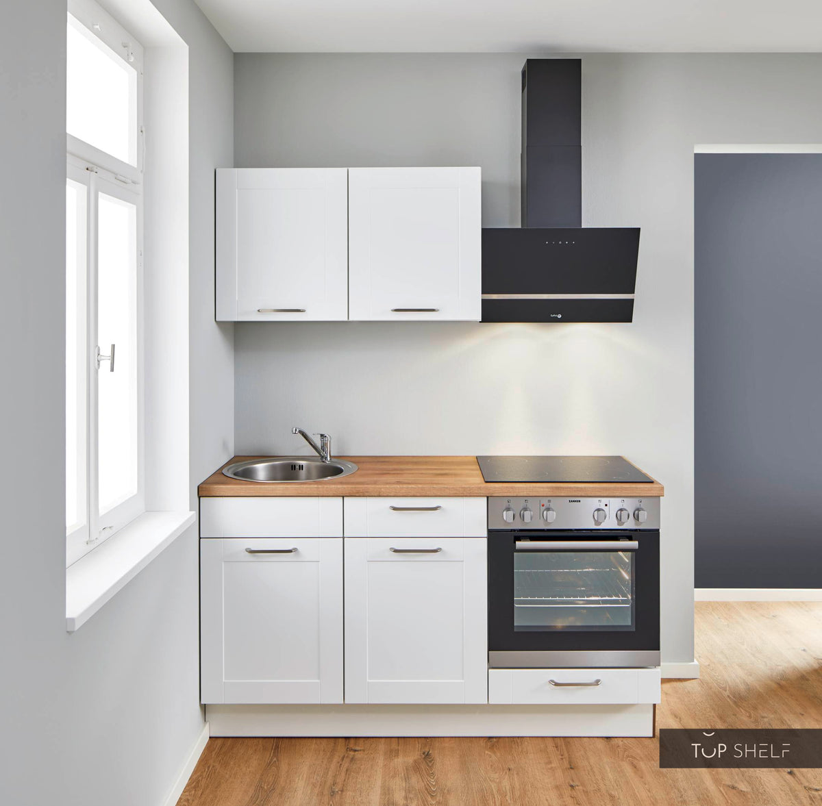 Pino Küche Weiß in Rahmenoptik 160 cm konfigurierbar ohne Deko top-shelf.de-