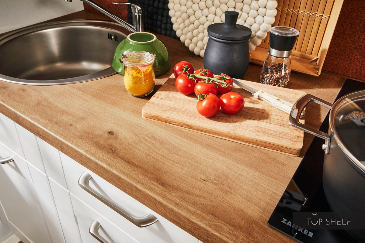 Pino Küche Weiß in Rahmenoptik 160cm konfigurierbar Arbeitsplatte top-shelf.de-