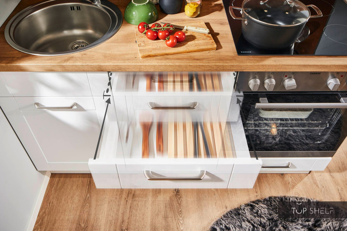 Pino Küche Weiß in Rahmenoptik 160cm konfigurierbar Schublade Soft close top-shelf.de-