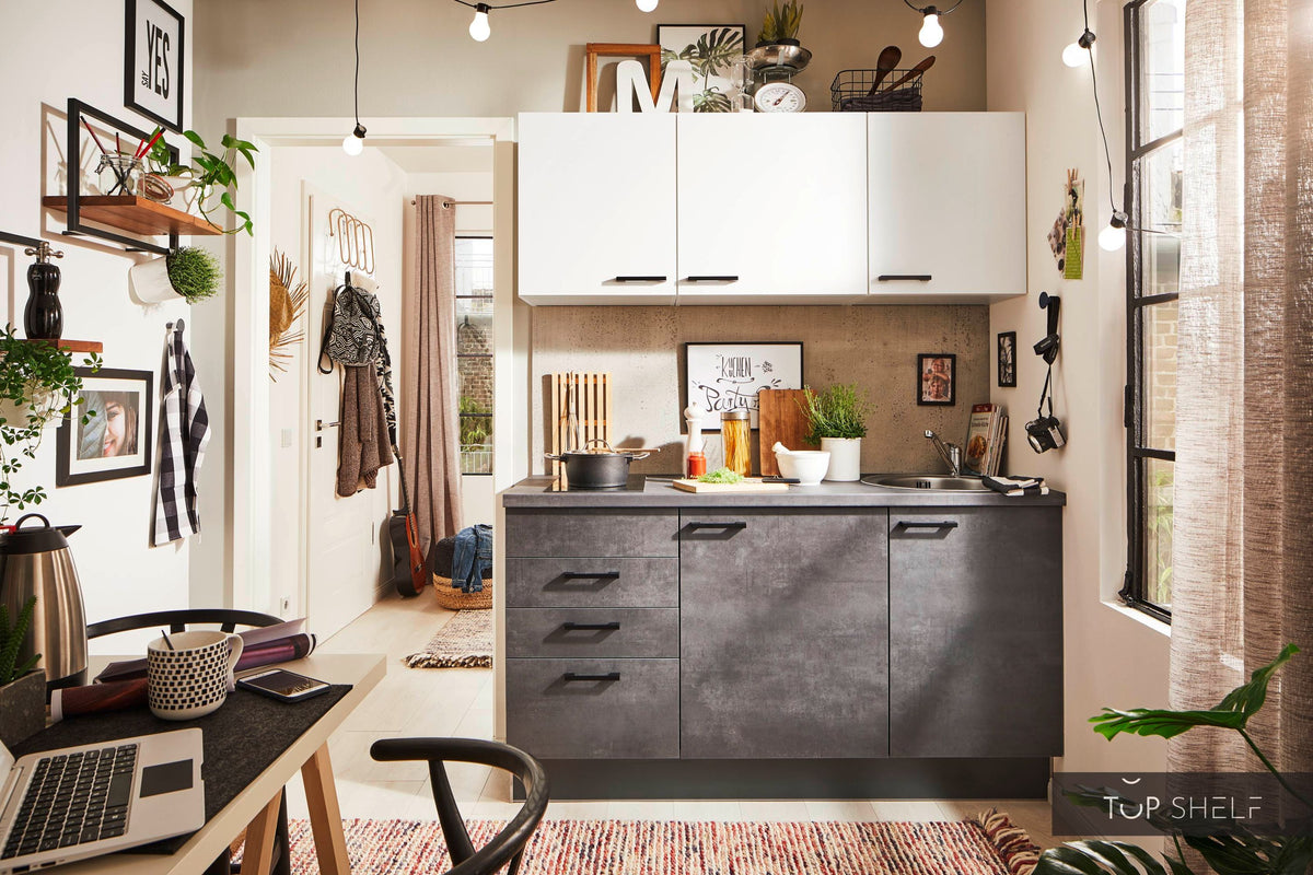 Pino Küche Weiß &amp; Beton Grafitgrau 160 cm konfigurierbar E-Geräten top-shelf.de-