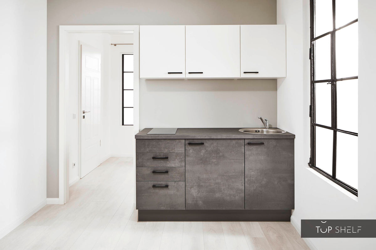 Pino Küche Weiß &amp; Beton Grafitgrau 160 cm konfigurierbar ohne Deko top-shelf.de-