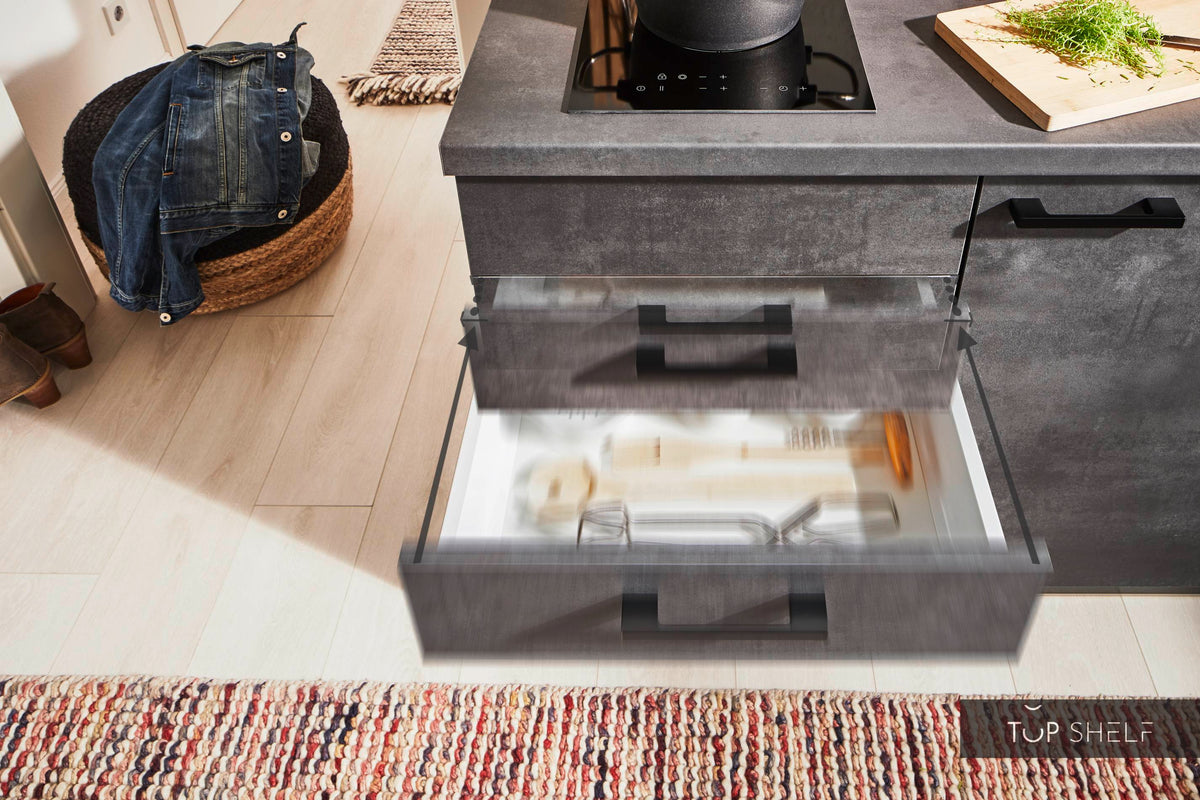 Pino Küche Weiß &amp; Beton Grafitgrau 160cm konfigurierbar Schublade Soft close-