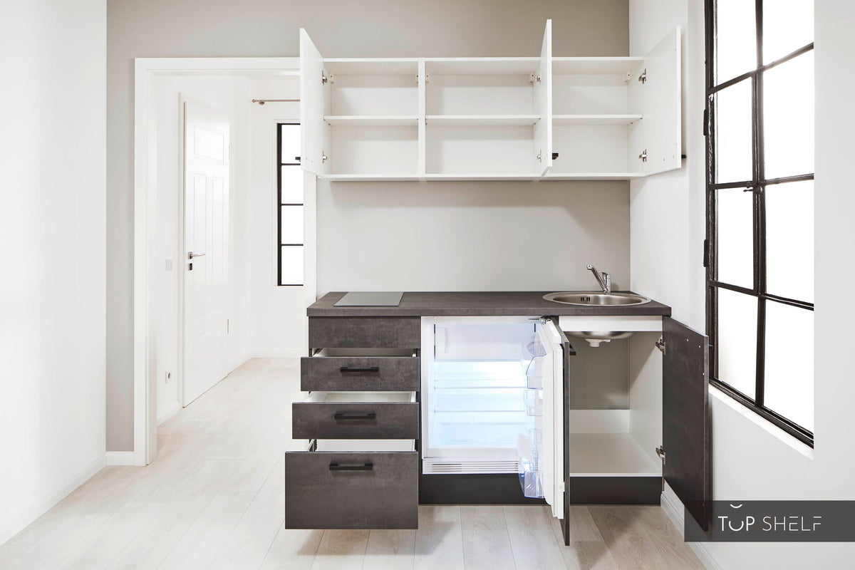 Pino Küche Weiß &amp; Beton Grafitgrau 160cm konfigurierbar offen top-shelf.de-