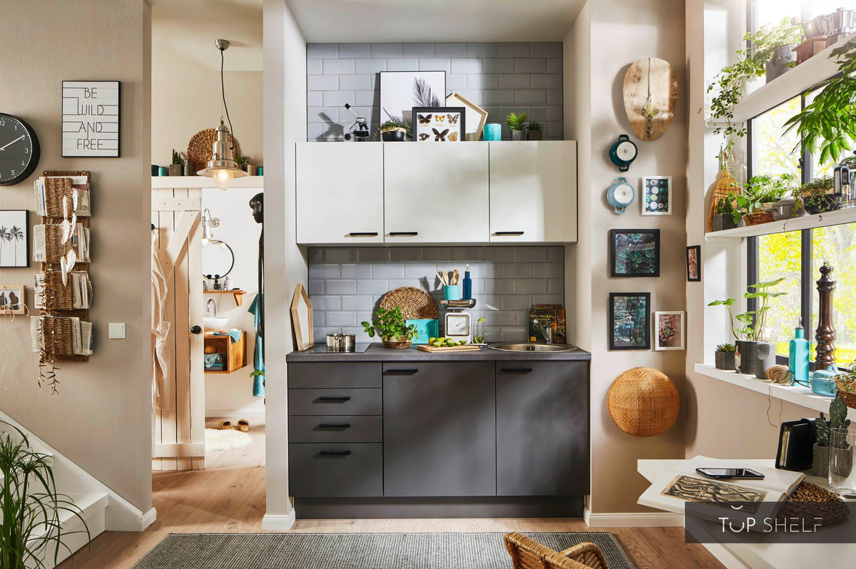 Pino Küche Weiß &amp; Grafit 160 cm konfigurierbar E-Geräten top-shelf-