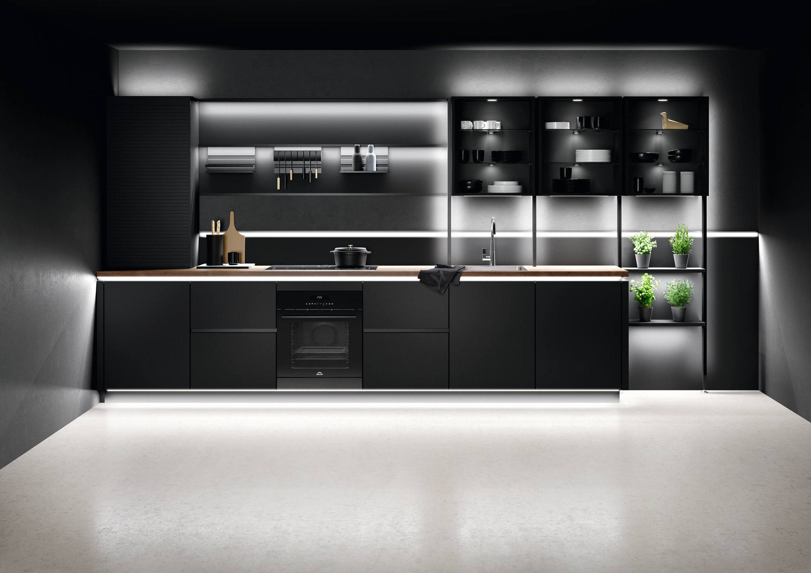 Schwarze moderne Grifflose Kueche EasyTouch mit Beleuchtung top-shelf.de