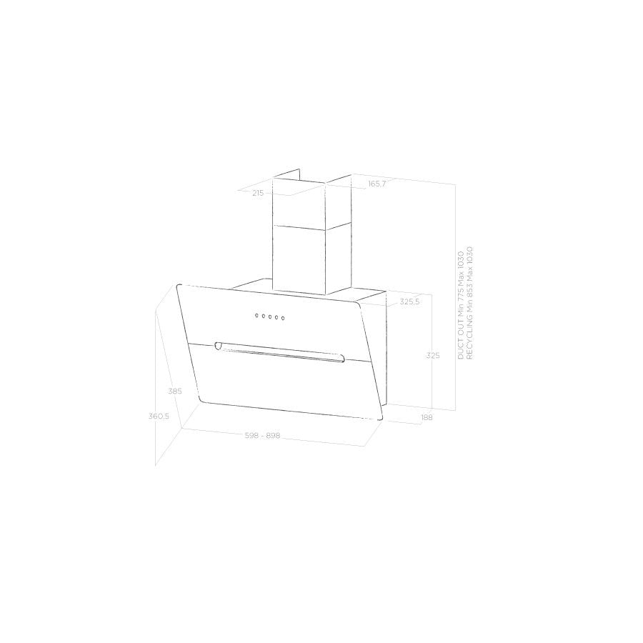 Elica Dunstabzugshaube WISE 60 BK Zeichnung Maße (Abluft) schwarz 50cm kopffrei mit LED-Beleuchtung, Glas-Front, Metallfilter,Touch-Control LED 4 Motorstufen (max. 691m³/h), sehr leise