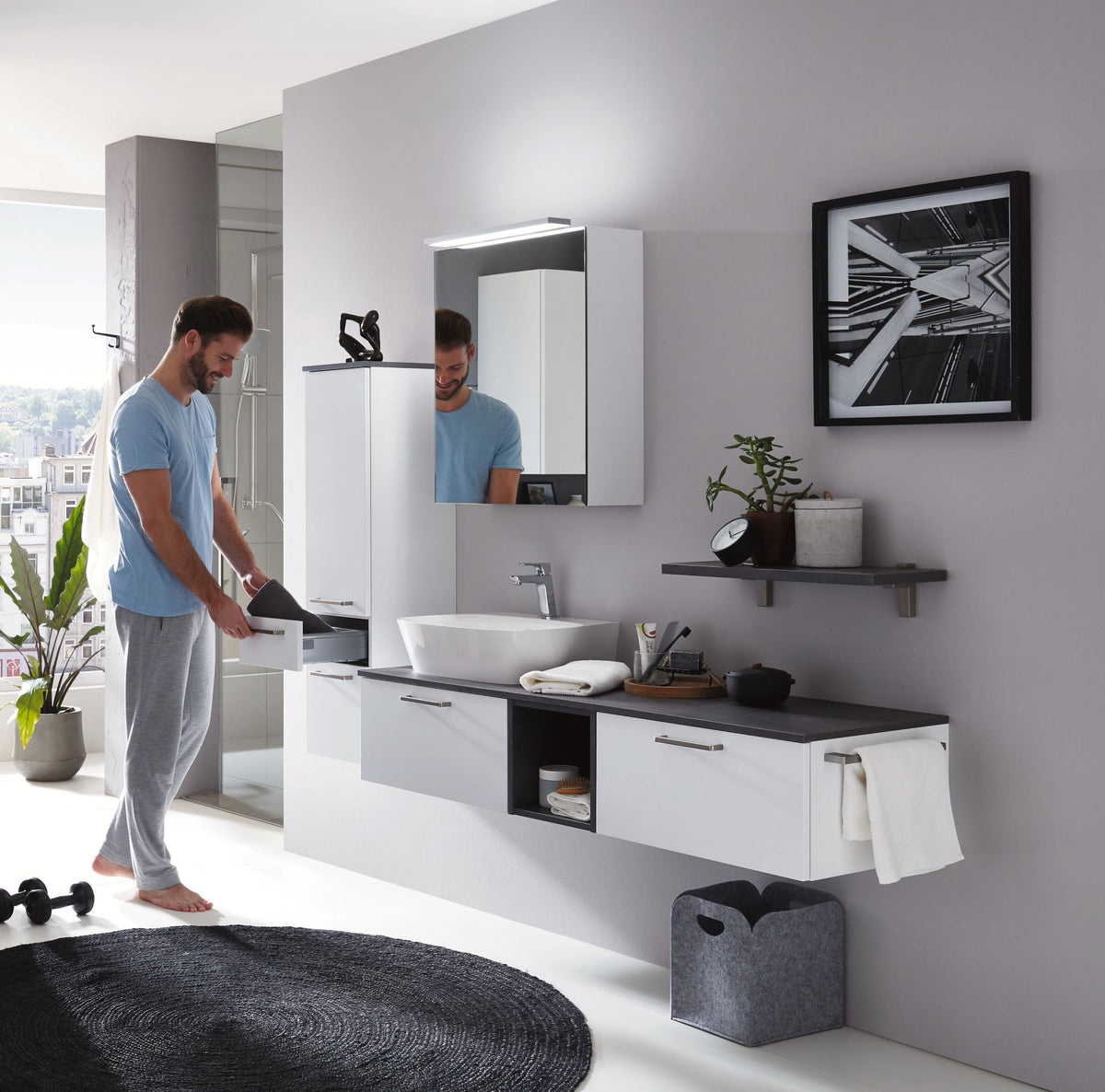 nobilia Badmöbel Set Nordsee Bad Waschtisch Sideboard mit Spiegelschrank in Weiß