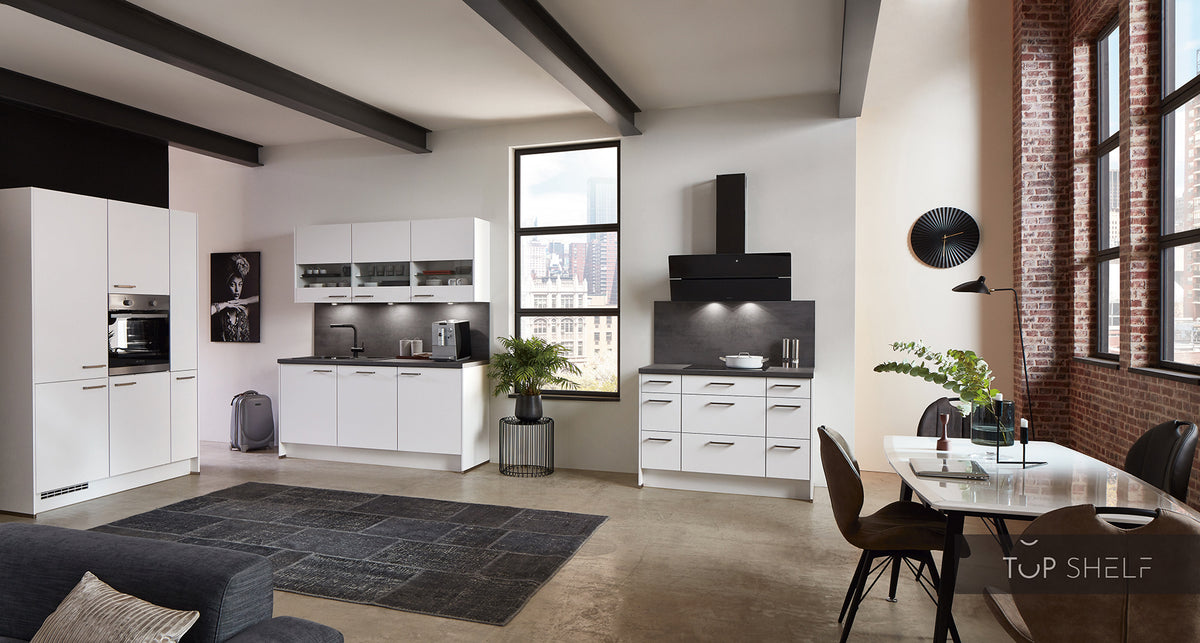 nobilia Küche Hamburg kompl. mit E-Geräten Arbeitsplatte und Nischenverkleidung im Dekor Beton schiefergrau