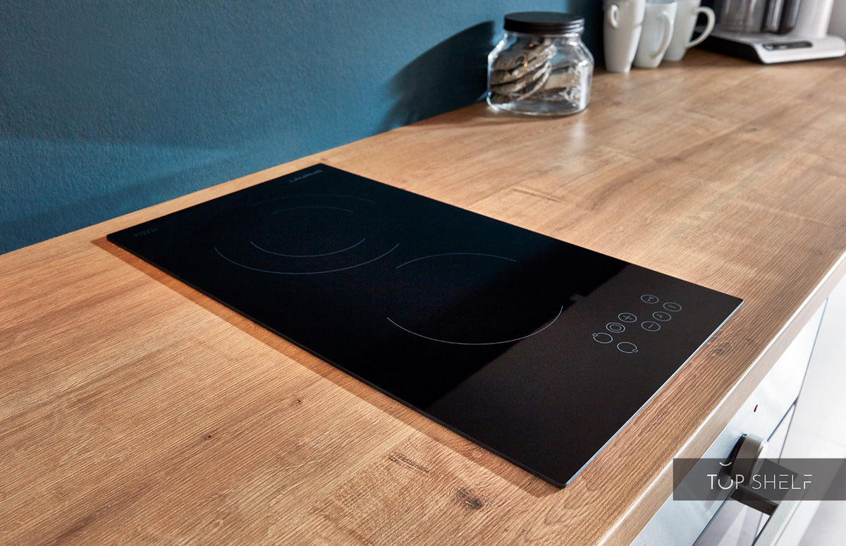 nobilia Einbauküche Köln 270 cm Mit Arbeitsplatte im Dekor 192 Eiche Provence, Nischenverkleidung im Dekor 354 Beton schiefergrau und Domino Kochfeld zwei Platten