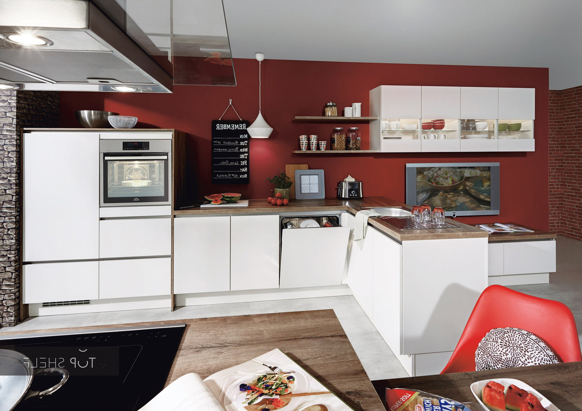 nobilia Küche mit Kücheninsel Laser 416 weiß 550 + 220 cm Küche Küche konfigurierbar mit E-Geräten spiegelverkehrt