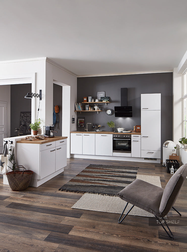 nobilia Küche Kiel 420 cm Alpinweiß mit Arbeitsplatte in 354 Eiche Provence und