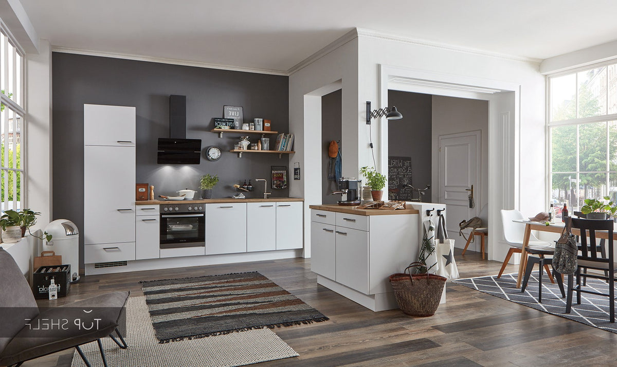 nobilia Küche Kiel Alpinweiß supermatt und Arbeitsplattendekor 192 Eiche Provence