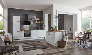 nobilia Küche Kiel Alpinweiß supermatt und Arbeitsplattendekor 192 Eiche Provence