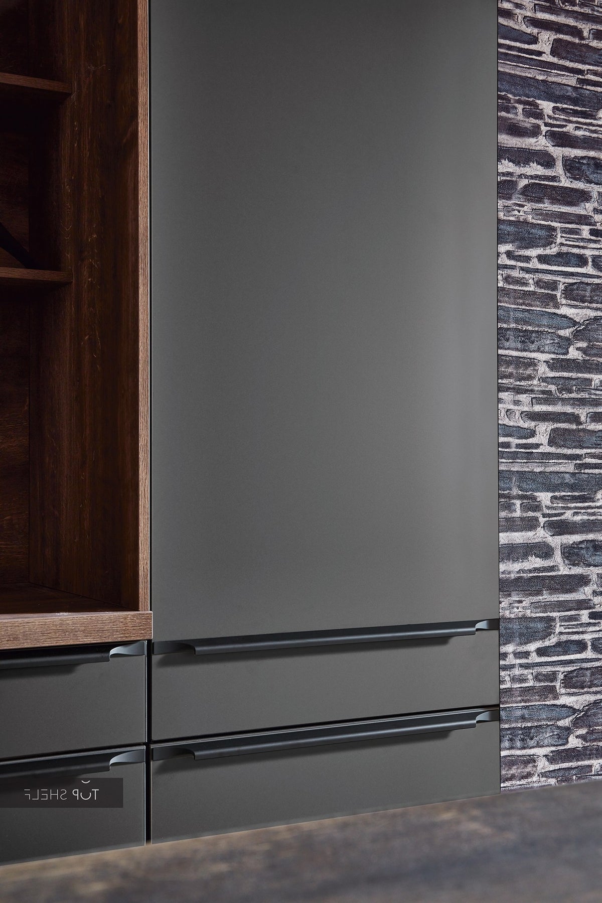 nobilia Küche Küchenzeile mit Kücheninsel l Artis 937 Glasoptik Titano matt 300+240 cm konfigurierbar mit E-Geräten Detail Hochschrank spiegelverkehrt