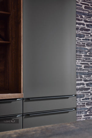 nobilia Küche Küchenzeile mit Kücheninsel l Artis 937 Glasoptik Titano matt 300+240 cm konfigurierbar mit E-Geräten Detail Hochschrank spiegelverkehrt