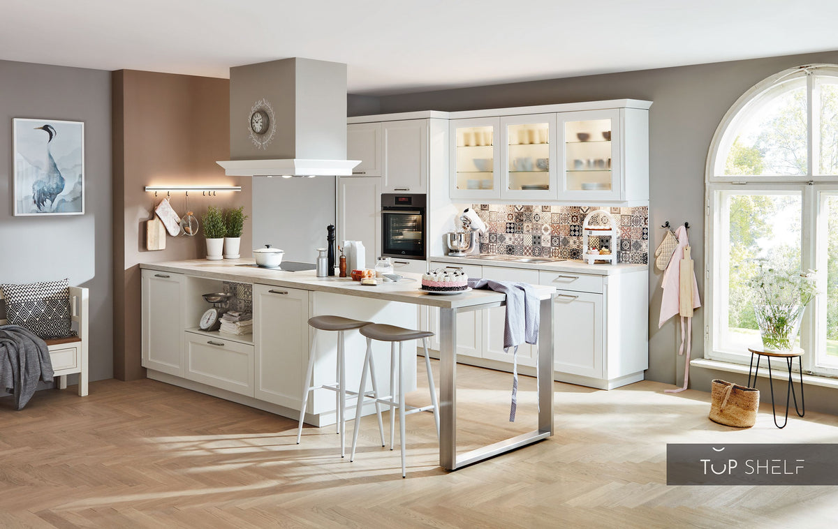 nobilia Küche mit Kücheninsel Cascada 774 Lacklaminat Weiss 315+340 cm konfigurierbar mit E-Geräten