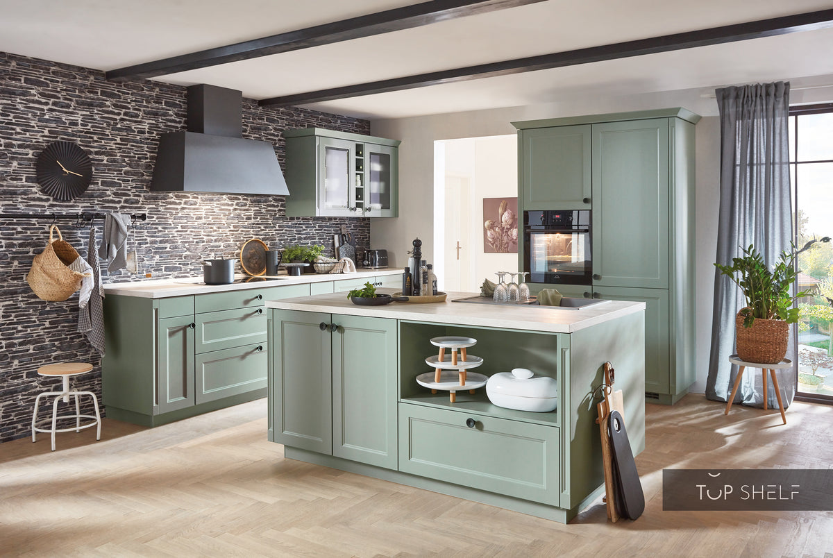 nobilia Küchenzeile mit Kücheninsel Cascada 776 Lacklaminat Schilf 310+180+190 cm konfigurierbar mit E-Geräten