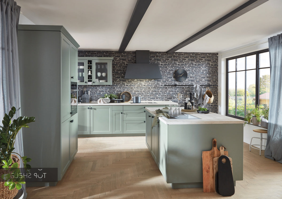 nobilia Küche mit Kücheninsel Cascada 776 Lacklaminat Schilf 310+180+190 cm konfigurierbar mit E-Geräten seitlich spiegelverkehrt