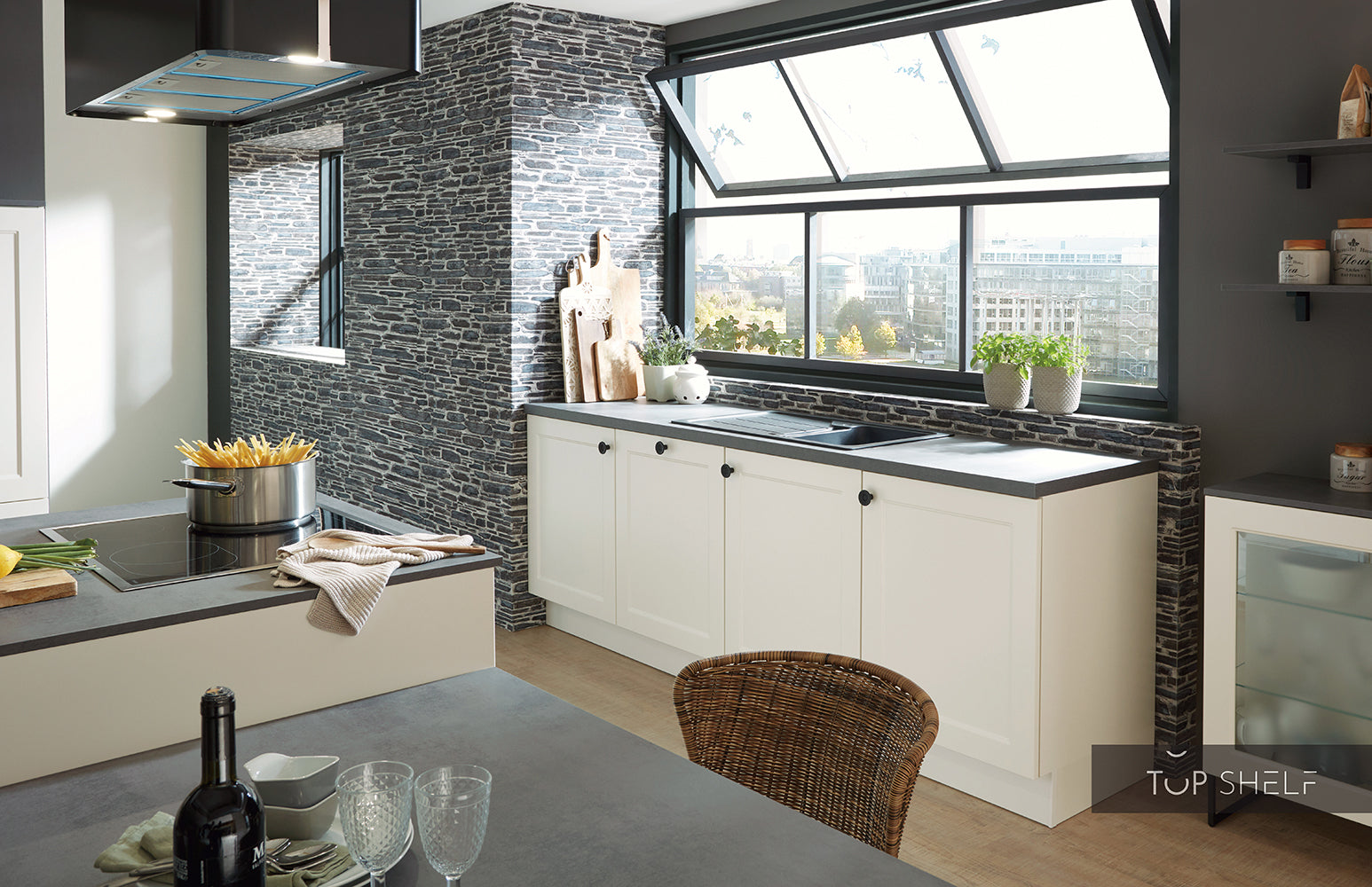 nobilia Küche mit Kücheninsel Chalet 883 Lack Magnolia Matt 180+240+220 cm konfigurierbar mit E-Geräten