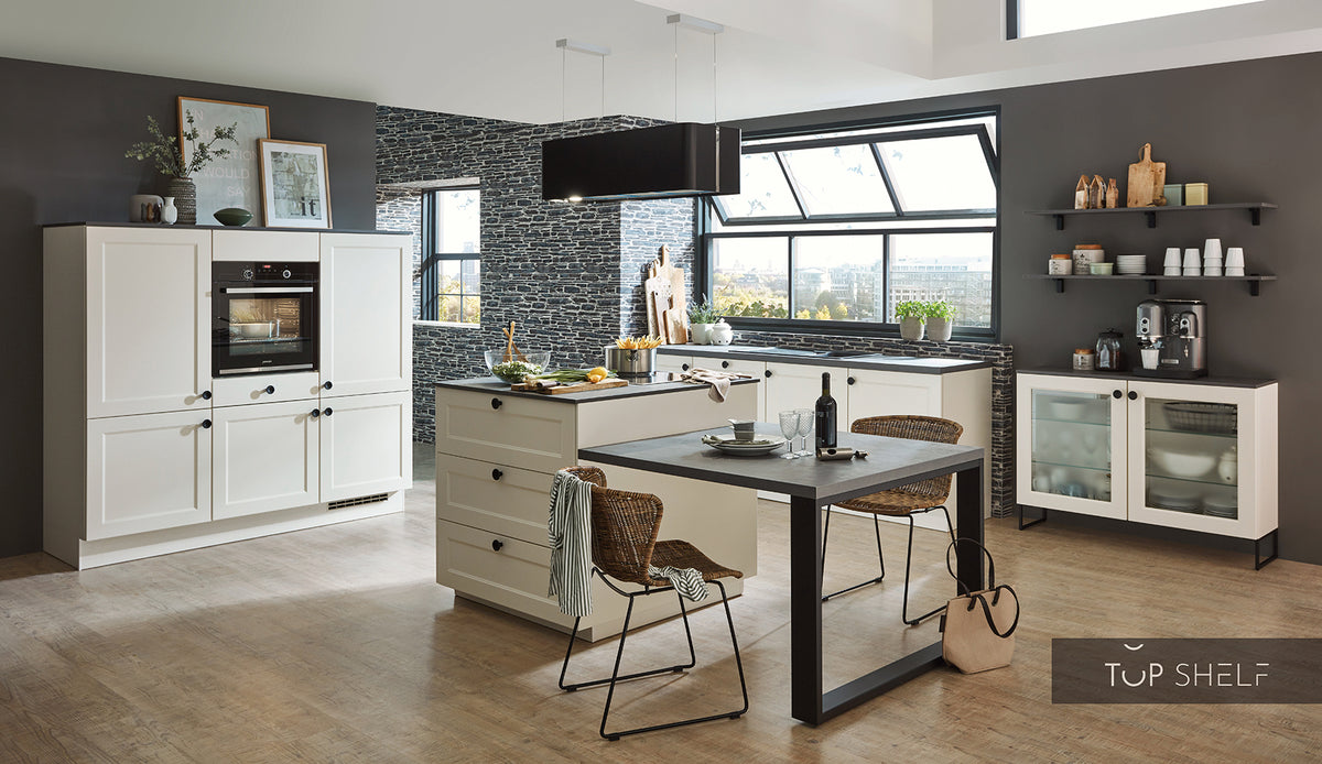 nobilia Küche mit Kücheninsel Chalet 883 Lack Magnolia Matt 180+240+220 cm konfigurierbar mit E-Geräten