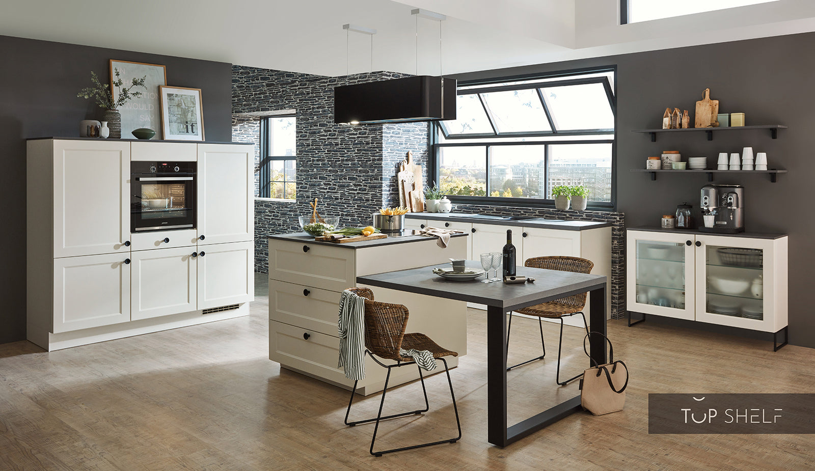 nobilia cuisine avec îlot de cuisine Chalet 883 laque Magnolia mat 180+240+220 cm configurable -