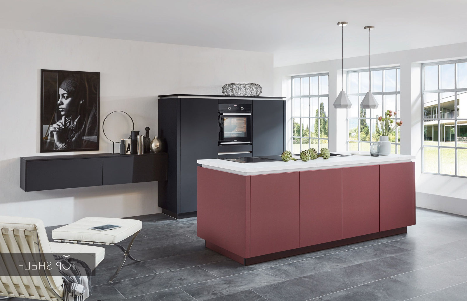 nobilia Küche mit Kücheninsel EasyTouch 961 Lacklaminat Grafitschwarz ultramatt + 963 Rostrot ultramatt 240+360 cm konfigurierbar mit E-Geräten