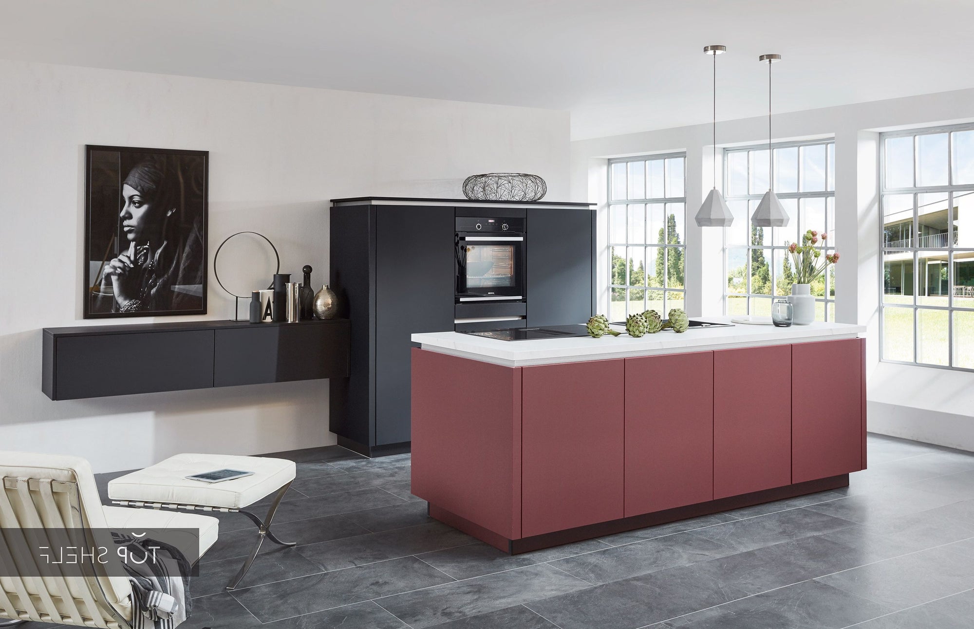 nobilia Küche mit Kücheninsel EasyTouch 961 Lacklaminat Grafitschwarz ultramatt + 963 Rostrot ultramatt 240+360 cm konfigurierbar mit E-Geräten