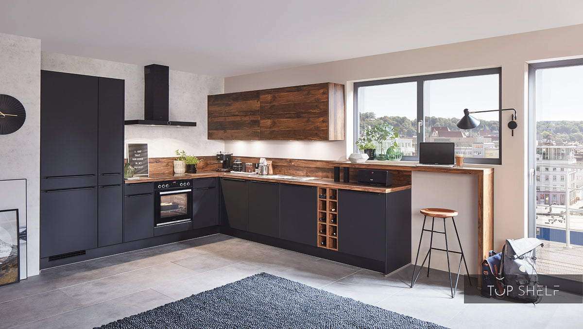 nobilia Winkelküche Easytouch 961 Lacklaminat Grafitschwarz ultramatt  + 272 Balkeneiche 320+310 cm konfigurierbar mit E-Geräten