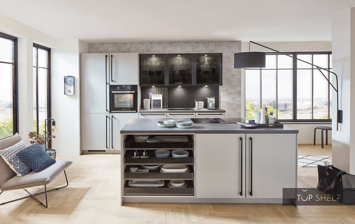 nobilia Küche mit Kücheninsel Fashion 165 Lack Steingrau matt 300+210cm konfigurierbar mit E-Geräten