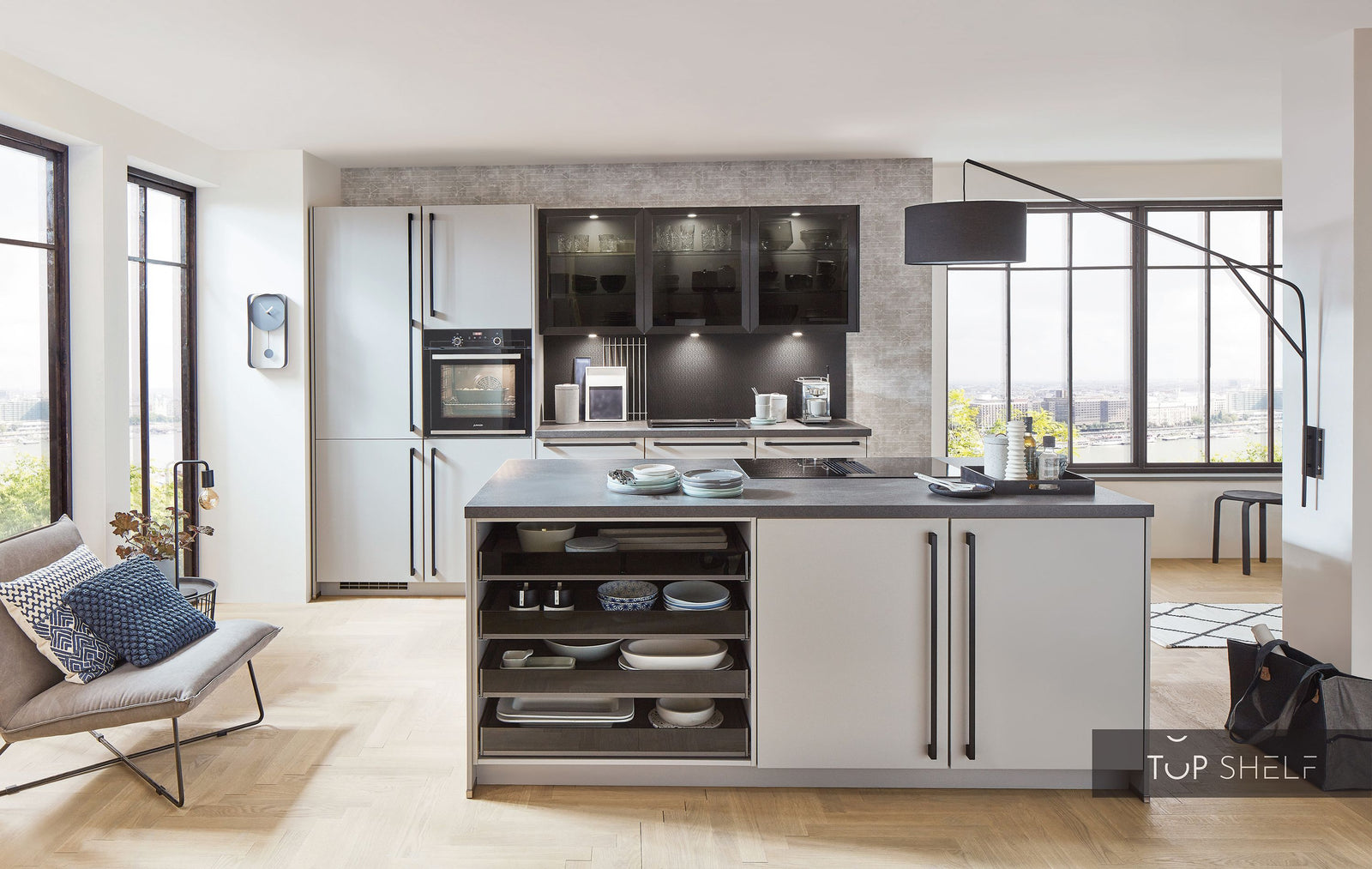 nobilia cuisine avec îlot de cuisine Fashion 165 laqué gris pierre mat 300+210cm configurable -