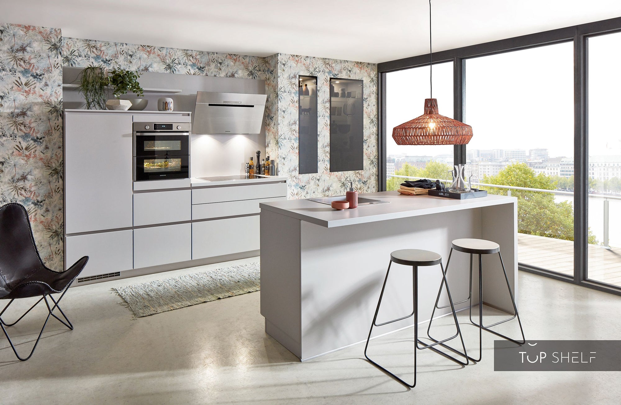 nobilia Küche mit Kücheninsel Fashion 165 Lack Steingrau matt 330+180cm konfigurierbar mit Elektrogeräten