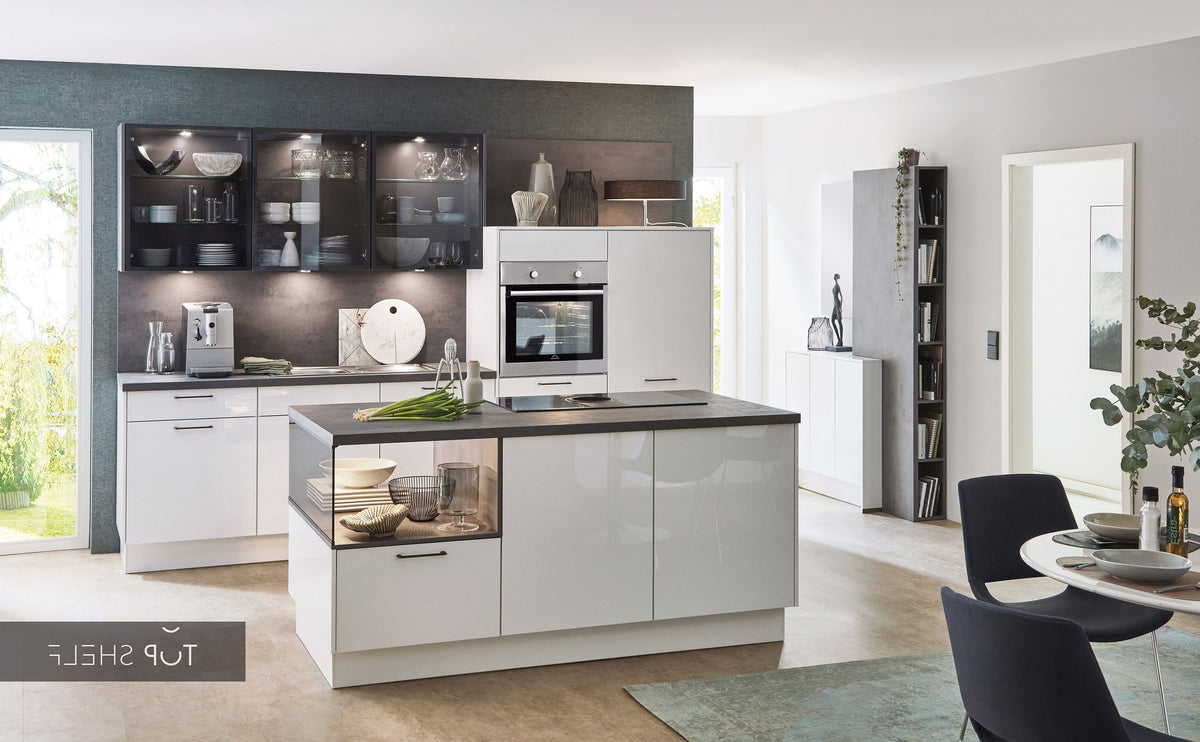 nobilia Küche Küchenzeile mit Kücheninsel Flash 503 Lacklaminat Alpinweiß Hochglanz 300+180 cm konfigurierbar mit E-Geräten spiegelverkehrt