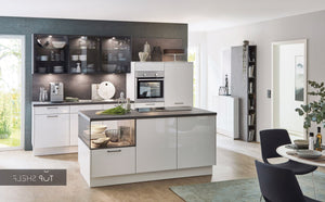 nobilia Küche Küchenzeile mit Kücheninsel Flash 503 Lacklaminat Alpinweiß Hochglanz 300+180 cm konfigurierbar mit E-Geräten spiegelverkehrt