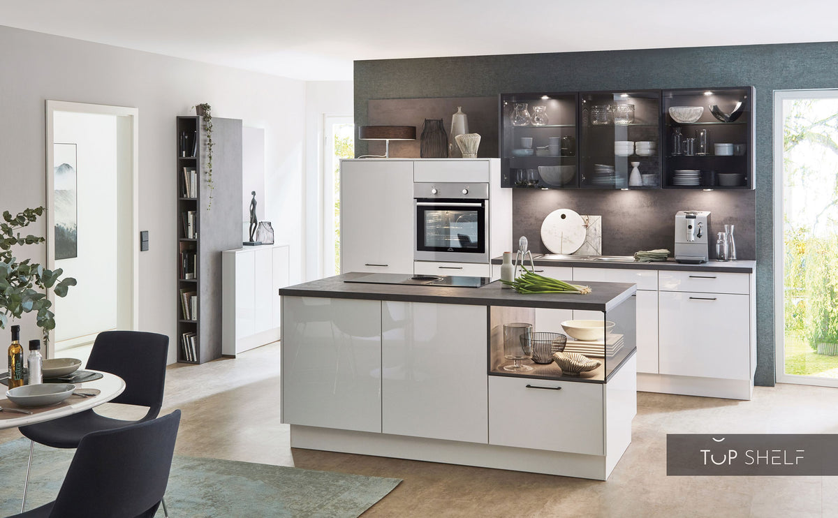 nobilia Küche Küchenzeile mit Kücheninsel Flash 503 Lacklaminat Alpinweiss Hochglanz 300+180 cm konfigurierbar mit E-Geräten